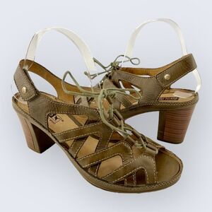 Pikolinos Java Tan Brown Strappy Lace Up 3" Stacked Block Heel Sandal 38 7.5 - 8